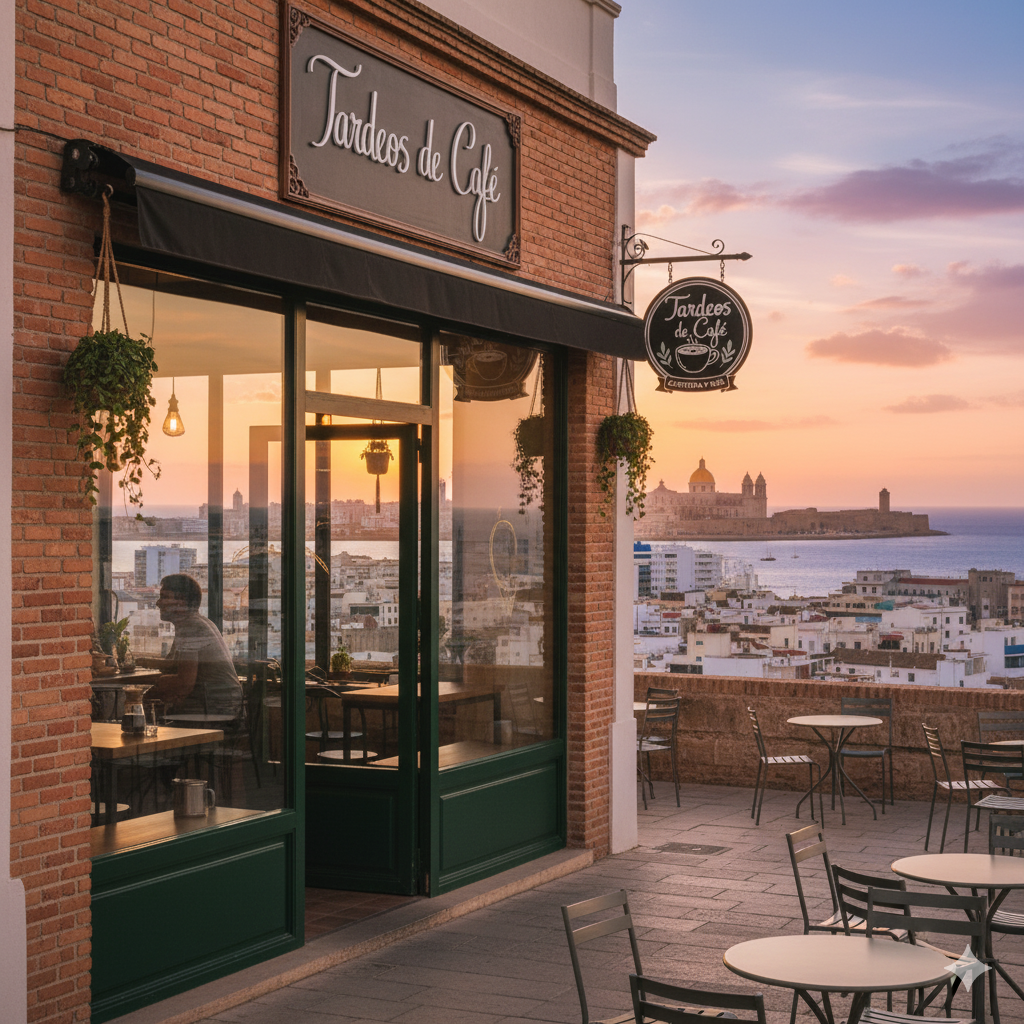 Terraza del Tardeos de café frente al mar