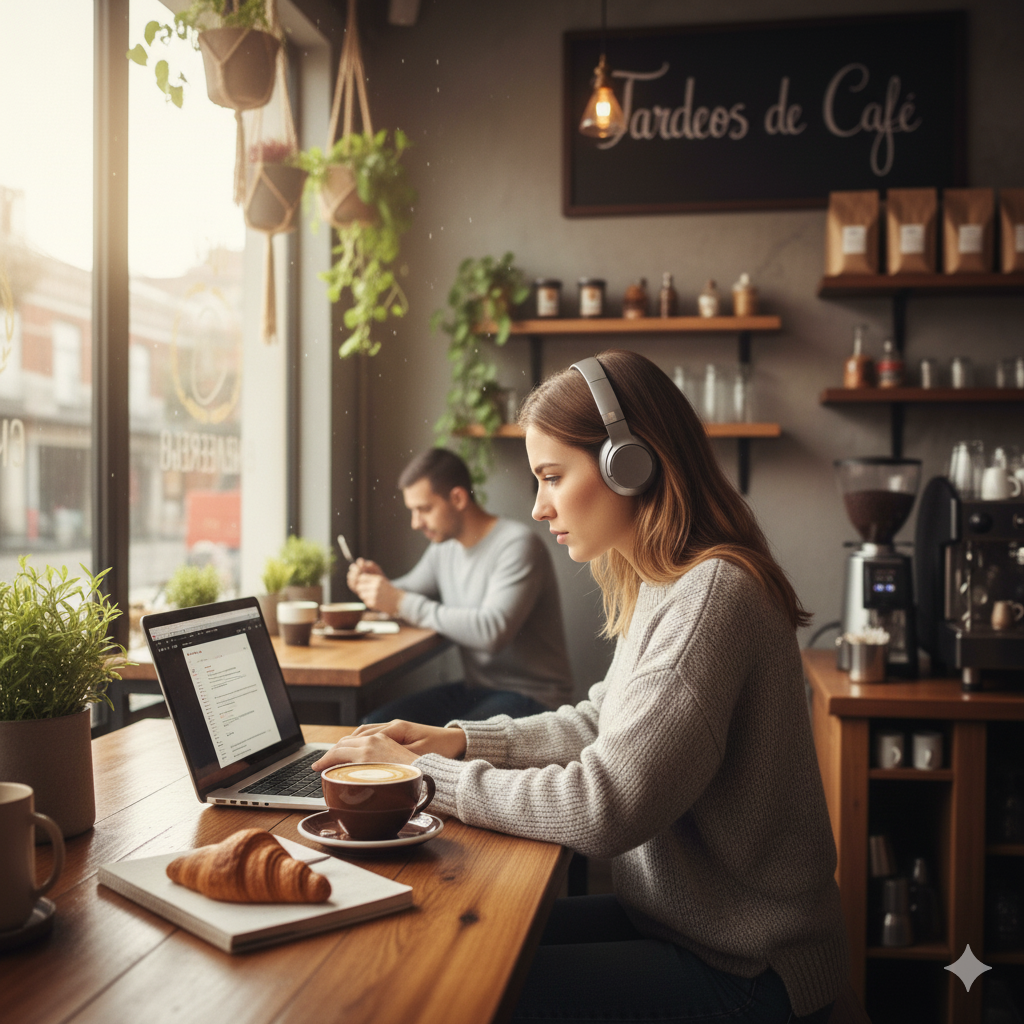 Cliente trabajando con portátil en una mesa de cafetería